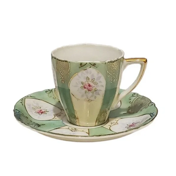 Vintage Ucagco Demitasse Cup & Saucer Set Pink Flower Gold Green Occupied Japan - Picture 2 of 5